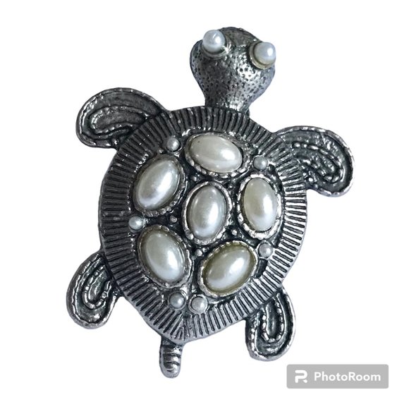 Vintage Turtle Cocktail Ring Silver Tone Adjustable Size 7 8 9 Sea Life Pearl - Picture 1 of 11
